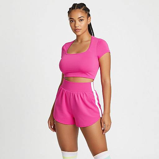 Photograph of a young Black woman with braided hair, wearing a hot pink crop top and matching high-waisted shorts, and white knee-high