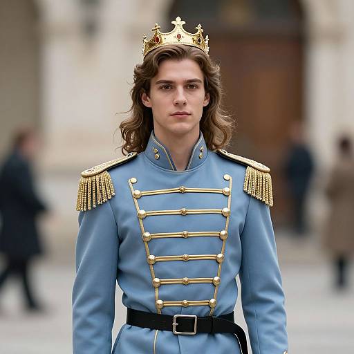 Photorealistic CGI of a young woman with wavy brown hair, wearing a blue military-style uniform with gold epaulettes, black belt,