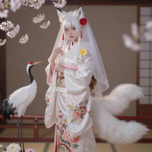 Digital artwork of an anime-style girl with white fox ears and multiple tails, wearing a floral kimono, standing beside a white crane, with cherry bloss