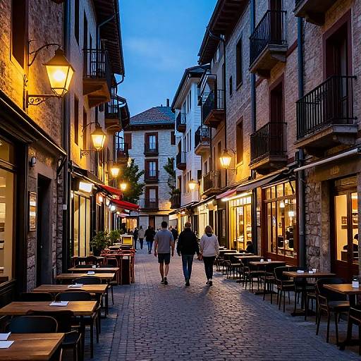 Photograph of a narrow, cobblestone European street at twilight, warmly lit by street lamps, with two people walking away from the camera, surrounded