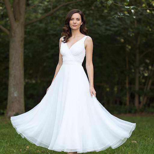 Photograph of a brunette woman in a sleeveless white wedding dress with a flared skirt, standing in a lush, green park.