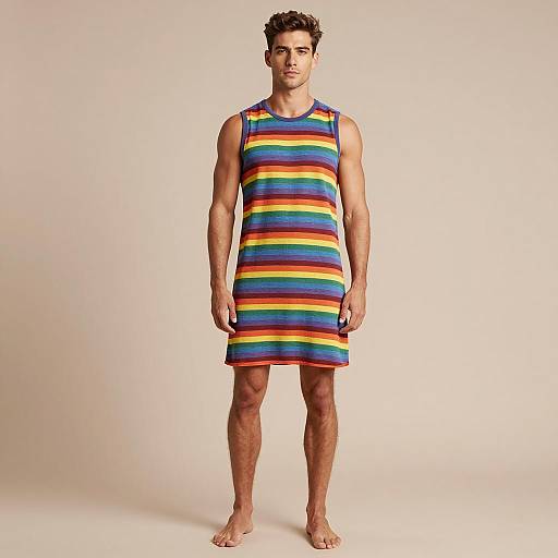 Man in Rainbow Striped Sleeveless Dress