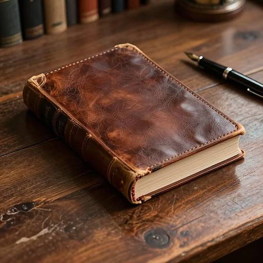 Photograph of a worn, brown leather-bound book with frayed edges, resting on a rustic, wooden table, beside a black fountain pen.