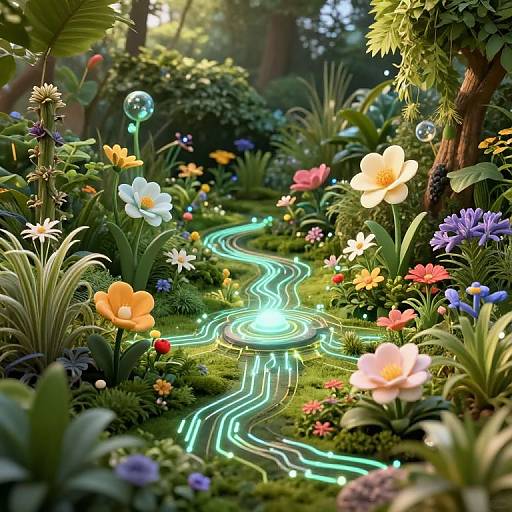 Digital artwork of a vibrant, enchanted garden with glowing neon-lit winding path, colorful flowers, lush greenery, and a floating bubble.