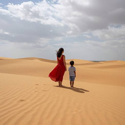 Photograph of a woman in a flowing red dress and a young boy in a striped shirt walking hand-in-hand in a sunlit desert with rolling sand