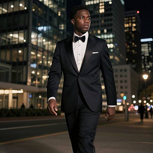 Photograph of a handsome Black man in a black tuxedo with a white bow tie, walking confidently at night in a cityscape with illuminated skys