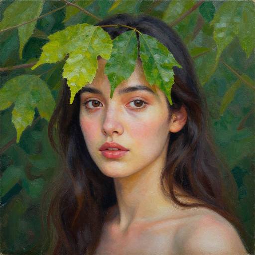 Digital painting of a young woman with long dark hair, fair skin, and green leaf crown, set against a lush green background.