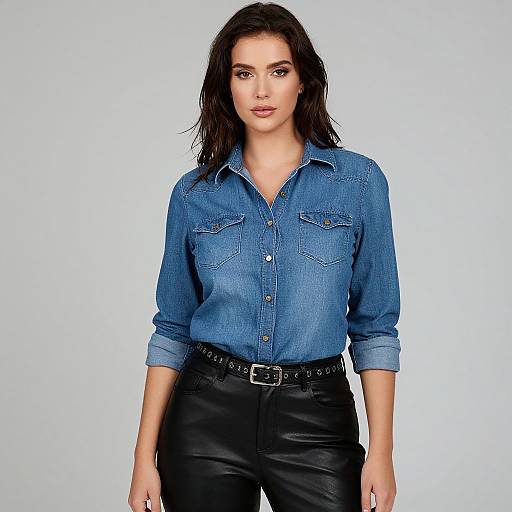 Photograph of a woman with long brown hair, wearing a blue denim shirt, black leather pants, and a studded belt, standing against a plain