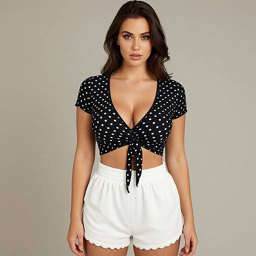 Photograph of a young woman with wavy brown hair, wearing a black polka dot tied crop top and white high-waisted shorts against a