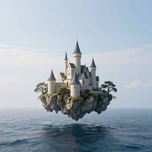 Photorealistic CGI of a floating medieval castle with multiple towers and turrets, surrounded by calm ocean water under a clear blue sky.