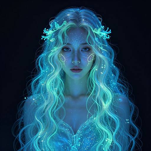 Photograph of a glowing, ethereal woman with long, wavy, blue-lit hair and face adorned with luminescent patterns, against a