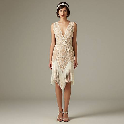 Photograph of a woman with short black hair, wearing a white, lace, sleeveless V-neck dress with fringe and white heels, against a plain