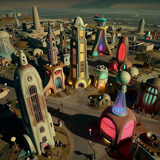 Photograph of a surreal, futuristic cityscape featuring vibrant, colorful, dome-shaped and tower-like buildings with neon lights and intricate architectural designs, set against