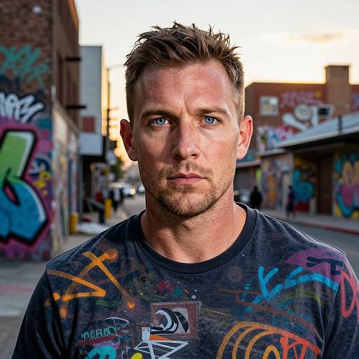 Photograph of a serious, blue-eyed, short-haired man in a graffiti-covered black shirt, standing in a colorful, graffiti-adorned urban street