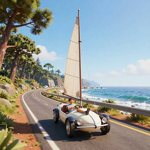 Vintage Sailboat Car on Coastal Road