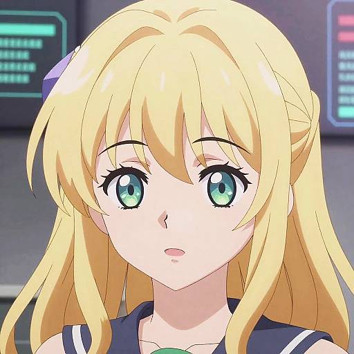 Anime-style digital drawing of a blonde girl with large, green eyes, fair skin, and a navy blue school uniform, looking surprised. Background features blurred