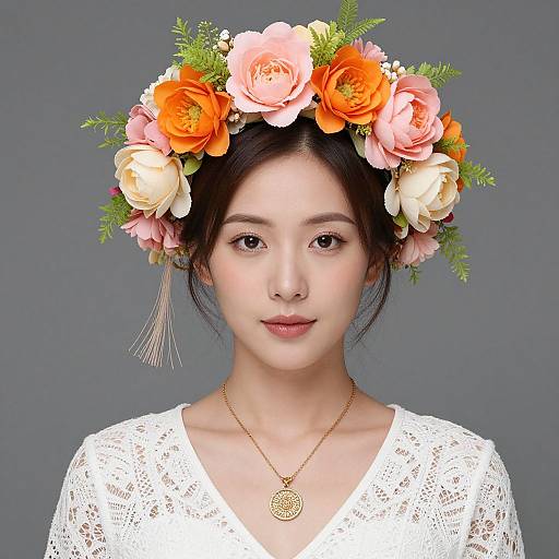 Photograph of an Asian woman with fair skin, wearing a white lace dress, gold necklace, and a floral crown with orange, pink, and white