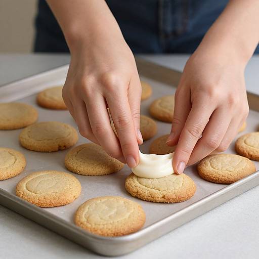 Close-up photograph of hands placing a dollop of white frosting on a golden-brown cookie on a metal baking tray.