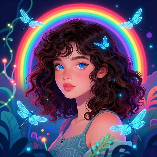 Digital painting of a young woman with blue eyes, curly brown hair, wearing a blue dress, surrounded by glowing butterflies and a vibrant rainbow against a dark