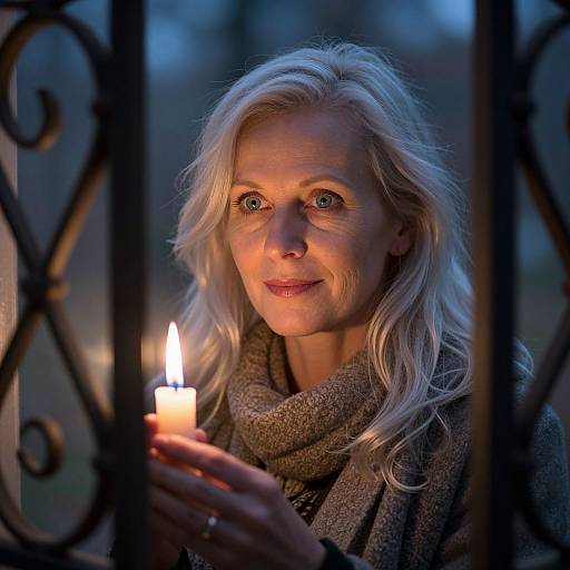 Photograph of a blonde woman with fair skin, wearing a brown scarf, holding a lit candle, illuminated by soft candlelight, framed by black iron