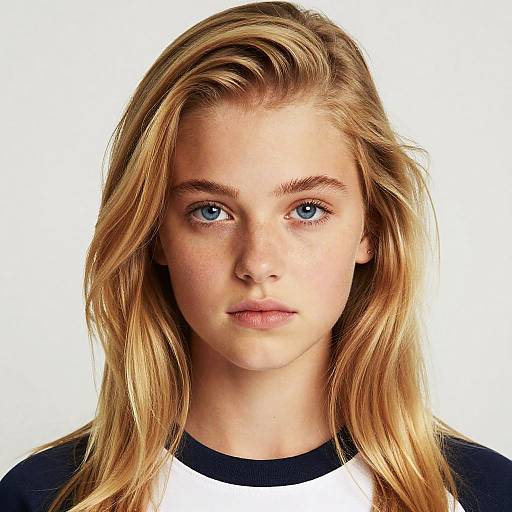 Photograph of a young blonde woman with blue eyes, fair skin, and slightly wavy hair, wearing a black and white top, against a white