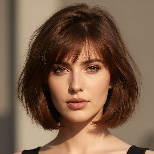 Photograph of a young woman with fair skin, medium-length brown bob haircut, and natural makeup, looking directly at the camera in soft sunlight.