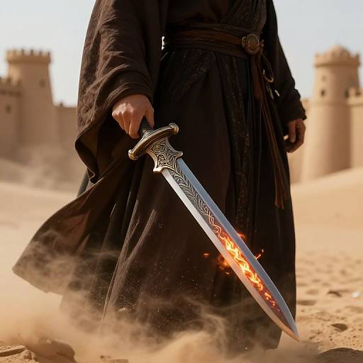 Photograph of a robed figure holding a flaming, intricately patterned sword in a sandy desert with two castle-like towers in the background.