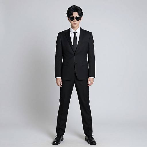 Photograph of a man in a black suit, white shirt, black tie, black shoes, and sunglasses, standing against a white background.