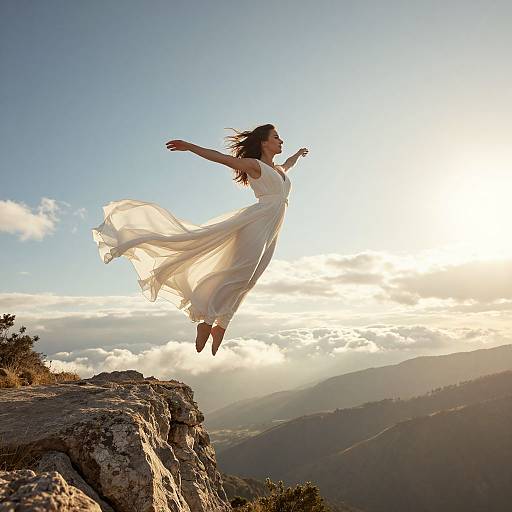 Photograph of a woman in a flowing white dress, mid-air, leaping from a rocky mountain peak into a sunlit, cloud-filled sky.