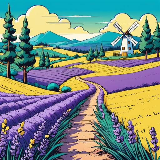 Lavender fields and windmill landscape illustration