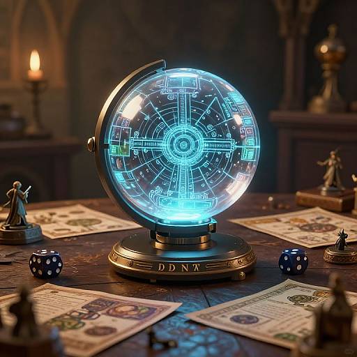 Photograph of a glowing, blue, holographic globe with circuit diagrams on a wooden table, surrounded by dice, miniatures, and maps.