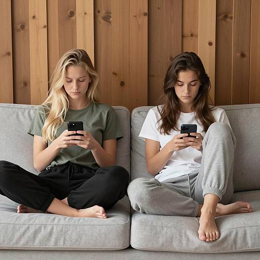 Two Women on Couch Using Smartphones