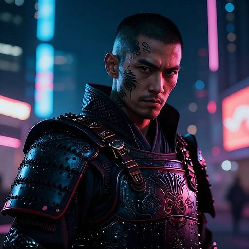 Cyberpunk photograph of a serious man with short hair, tattooed face, and ornate black armor, standing in a neon-lit city night