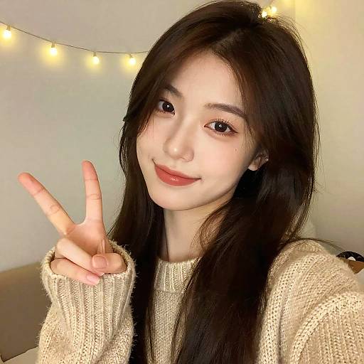 Young Woman Peace Sign Selfie Indoors