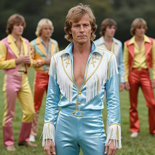 Photograph of a middle-aged man with light brown hair in a light blue fringed suit, standing in front of five people in colorful 1970