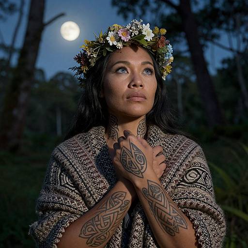 Photograph of a tattooed woman with dark hair, wearing a floral crown and patterned shawl, hands clasped, moonlit forest background.