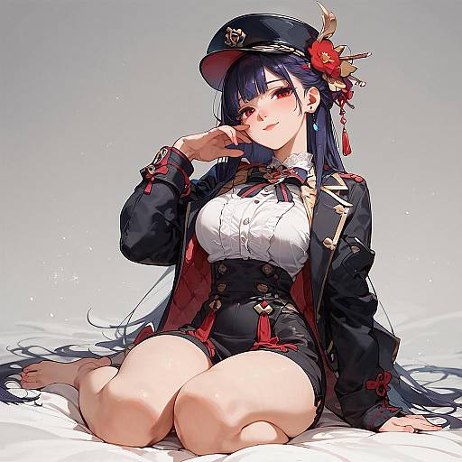 Digital anime-style drawing of a cute, dark-haired woman in a military-inspired outfit with a hat, seated on white bedding.