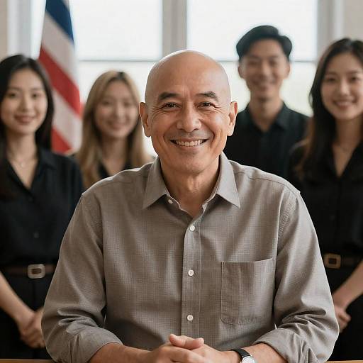 Smiling Group Portrait with Striped Flag