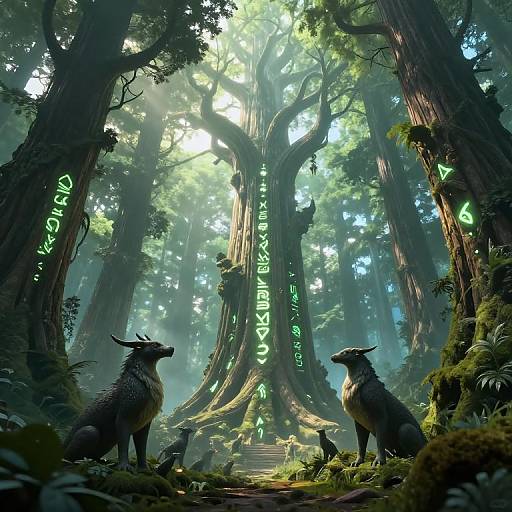 Fantasy forest scene with two horned, furry creatures facing a glowing, ancient tree with green runes. Sunlight filters through dense, towering trees,