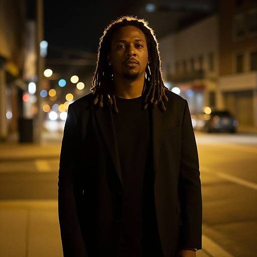 Photograph of a Black man with dreadlocks, wearing a black jacket over a black shirt, standing on a dimly lit urban street at night,