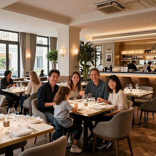 Photograph of a smiling Asian family with a young girl, seated at a restaurant table, surrounded by other diners in a warmly lit, elegant setting