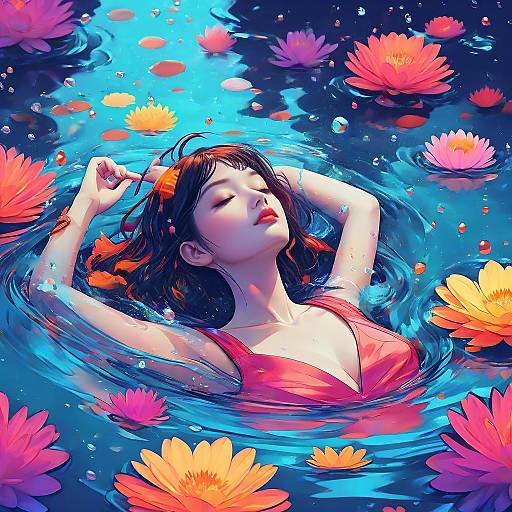 Digital illustration of an Asian woman with closed eyes, dark hair, and pink swimsuit, floating in vibrant blue water with pink and orange lotus flowers