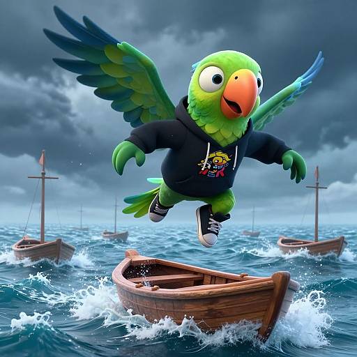 CGI image of a green parrot with blue wings, wearing a black hoodie and sneakers, flying over a stormy ocean with wooden sailboats.