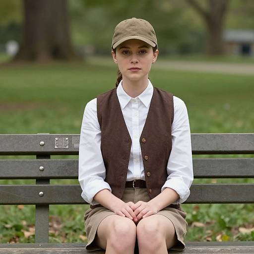 Photograph of a young woman with fair skin, brown eyes, and light brown hair in a bun, wearing a brown cap, white shirt, brown