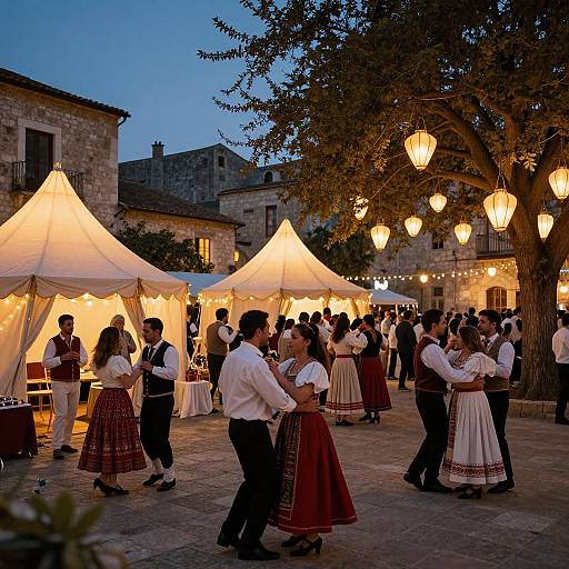 Photograph of a twilight outdoor dance party with couples in traditional Spanish attire, white tents, glowing lanterns, and a historic stone building background.