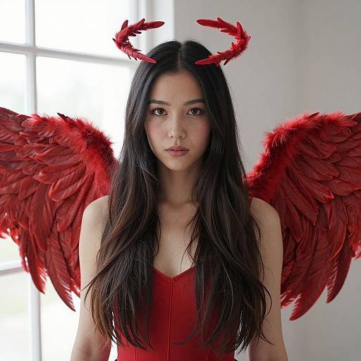 Photograph of a young woman with long black hair, wearing a red devil costume with red feathered wings and red horns, standing against a bright window