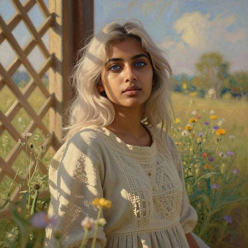 Photograph of a young woman with platinum blonde hair, wearing a cream lace blouse, standing in a sunlit meadow, surrounded by wildflowers,