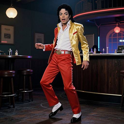 Photograph of a man with curly black hair, wearing a gold jacket, white shirt, red pants, and white shoes, dancing energetically in