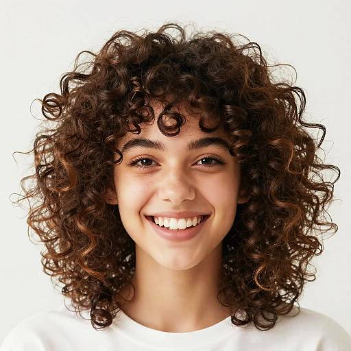 Photograph of a smiling young woman with curly brown hair, fair skin, and brown eyes, wearing a white shirt, against a plain white background.