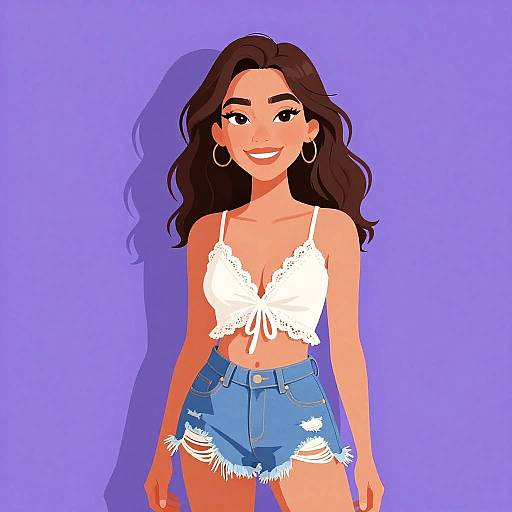 Digital illustration of a smiling, brown-skinned woman with long dark hair, wearing a white lace crop top and frayed blue denim shorts, against a